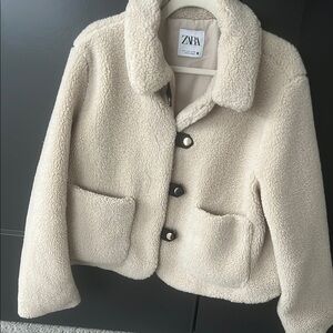Zara Cream Teddy Jacket with Cropped Style and Plush Texture